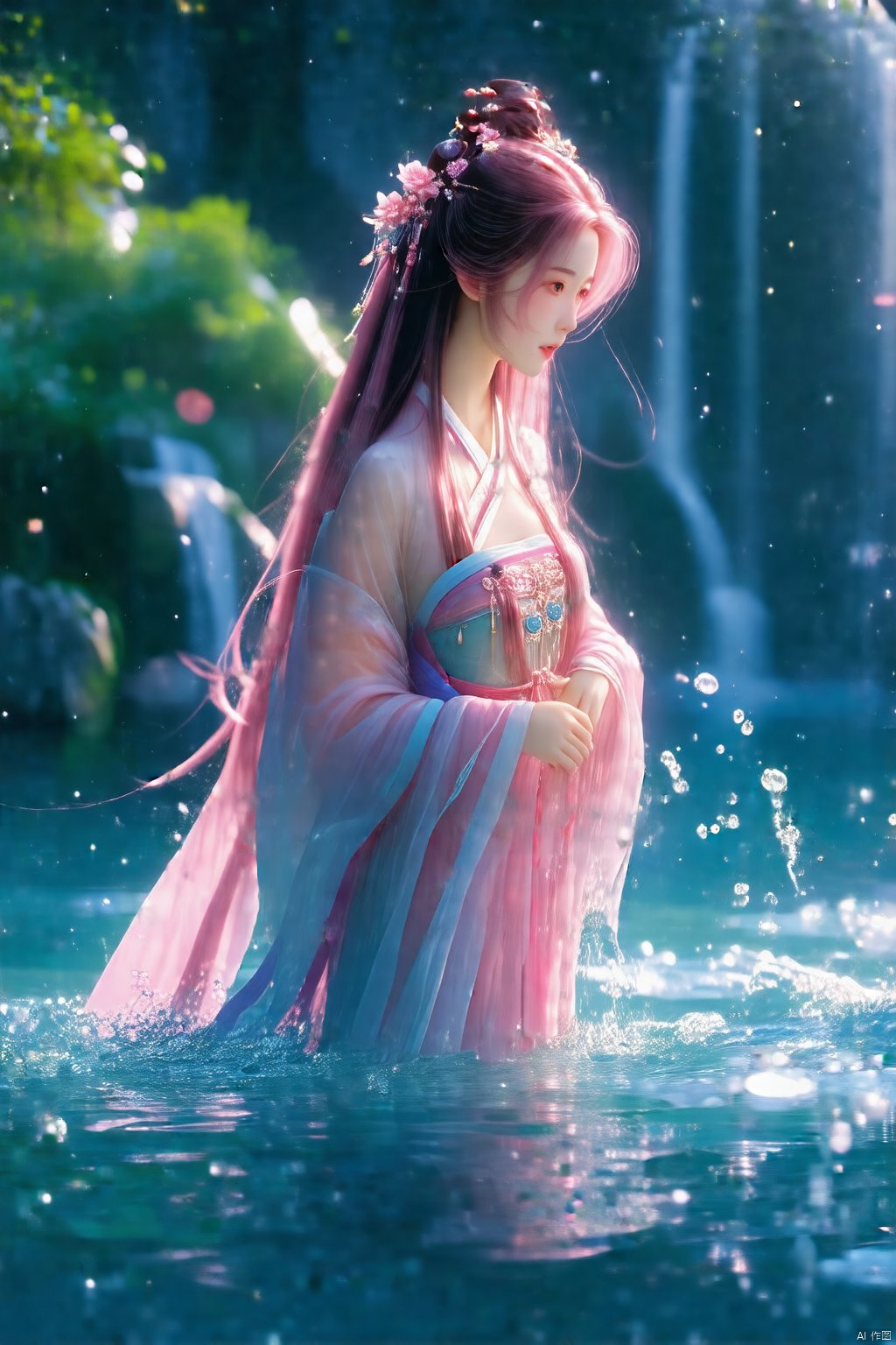 (masterpiece), best quality, highest quality, extremely detailed CG unity 8k wallpaper, detailed and intricate, original,highres,unparalleled masterpiece, ultra realistic 8k CG, perfect artwork, 1girl, water, pink_hair, long_hair, breasts, wading, china dress,  a gorgeous chinese clothes,