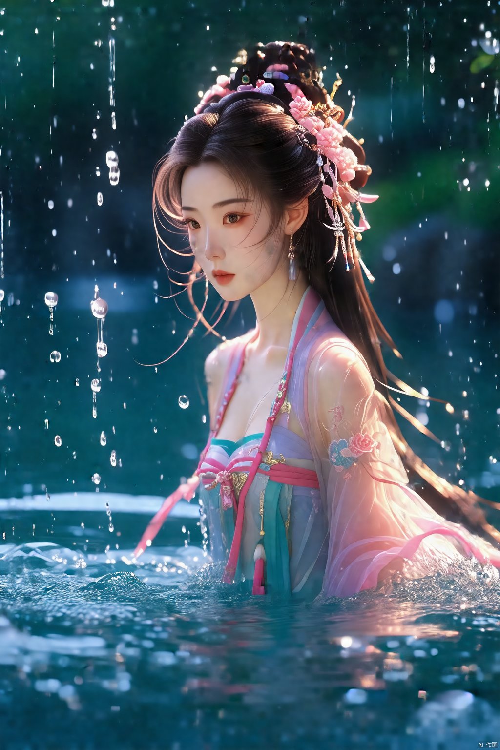 (masterpiece), best quality, highest quality, extremely detailed CG unity 8k wallpaper, detailed and intricate, original,highres,unparalleled masterpiece, ultra realistic 8k CG, perfect artwork, 1girl, water, pink_hair, long_hair, breasts, wading, china dress,  a gorgeous chinese clothes,upper_body,looking_at_viewer