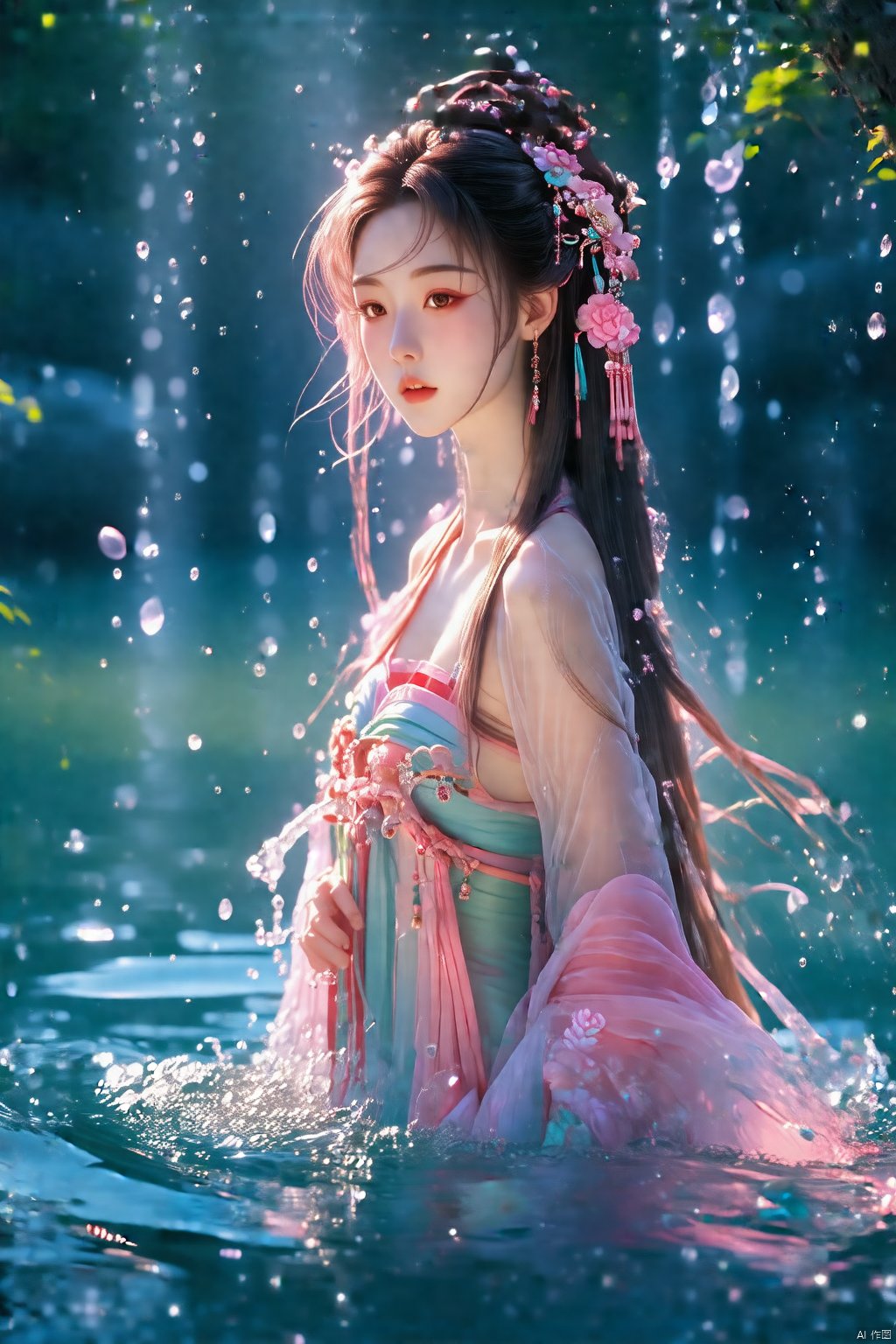 (masterpiece), best quality, highest quality, extremely detailed CG unity 8k wallpaper, detailed and intricate, original,highres,unparalleled masterpiece, ultra realistic 8k CG, perfect artwork, 1girl, water, pink_hair, long_hair, breasts, wading, china dress,  a gorgeous chinese clothes,upper_body,looking_at_viewer