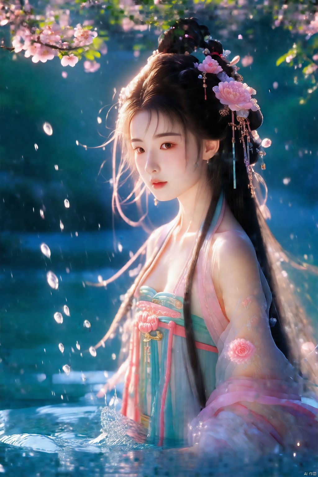 (masterpiece), best quality, highest quality, extremely detailed CG unity 8k wallpaper, detailed and intricate, original,highres,unparalleled masterpiece, ultra realistic 8k CG, perfect artwork, 1girl, water, pink_hair, long_hair, breasts, wading, china dress,  a gorgeous chinese clothes,