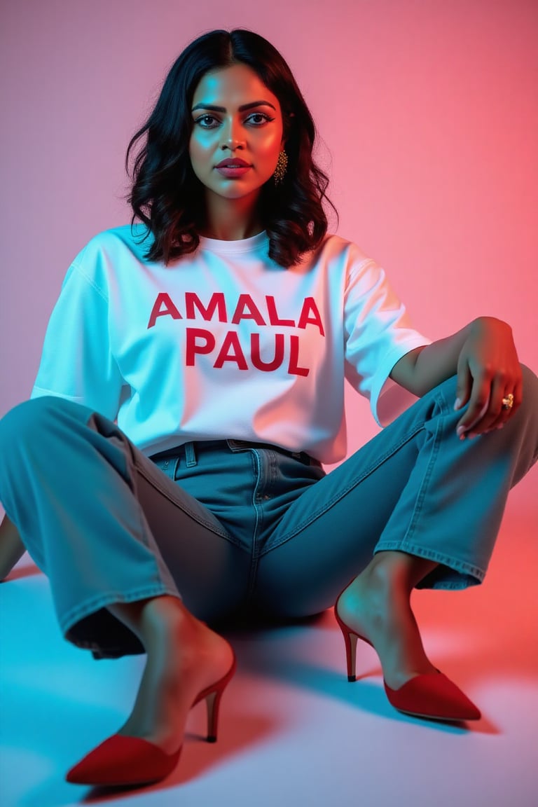 wide and low angle, cinematic, fashion photography. xamala sitting on floor wearing a full size light white t-shirt with big letters \"Amala Paul\" , teal jeans, nice red high heels and a gracious look on her face. The background is a color gradient, her face is lit with cool white light,  studio setting   <lora:xamala-flux-lora:1