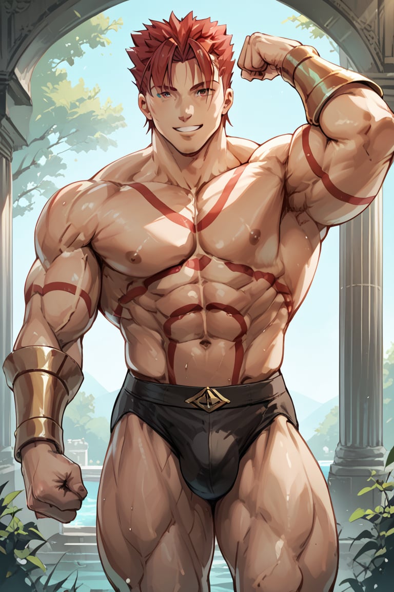 score_9,score_8_up,score_7_up,score_6_up,score_5_up,score_4_up,source_anime,Fate Grand Order,Leonidas,male,masculine,male focus,biceps,red hair,short hair,parted bangs,sideburns,tattoo,abs...flexing muscles, very muscular, huge biceps, huge pectoral muscles, 12 pack abs, grin, smile, manly, sexy, bara, large huge bulge, greek spartan warrio, nature, greek temple, flex, posing,hyper muscles