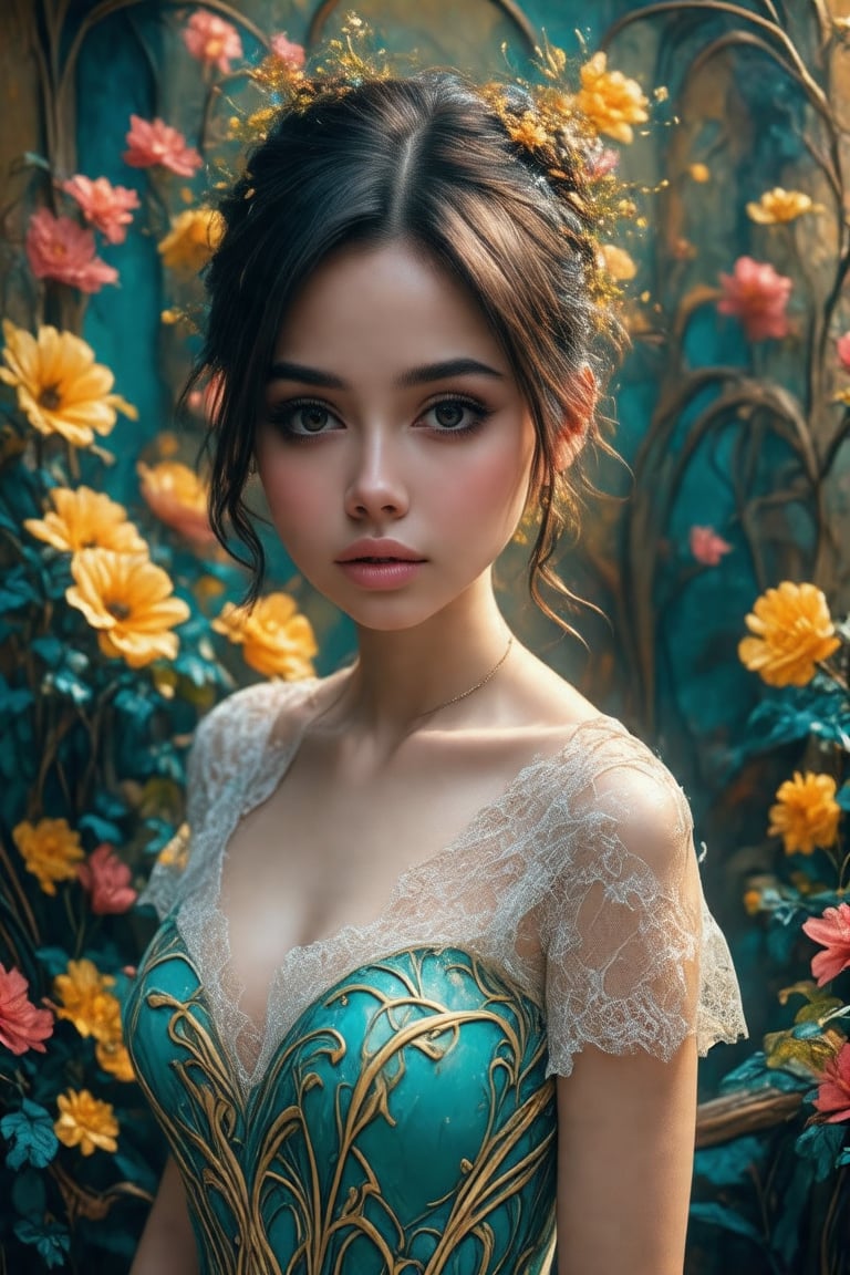 (masterpiece:1.3, realistic:1.3), best quality, ultra detailed, intricate, professional photography, HDR, High Dynamic Range, (8k UHD), RAW photo, dslr, realistic LUT, cinematic LUT, perfect lighting, professional lighting, cinematic lighting, cinematic shadows, iridescent lighting , 1girl, lace dress, (pop art:1.4), (zentangle, flower effects:1.2), (art nouveau:1.1)