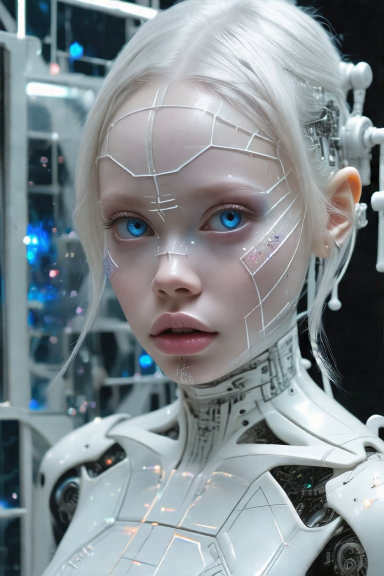 girl, focus on the face, professional photography, futuristic white makeup with geometry and mechanism, an albino girl with blue eyes, white skin, white hair,  cyberpunk, mirror reflections, glare, lots of sequins, shimmer on the body, ocular inclusions, sub-surface scattering