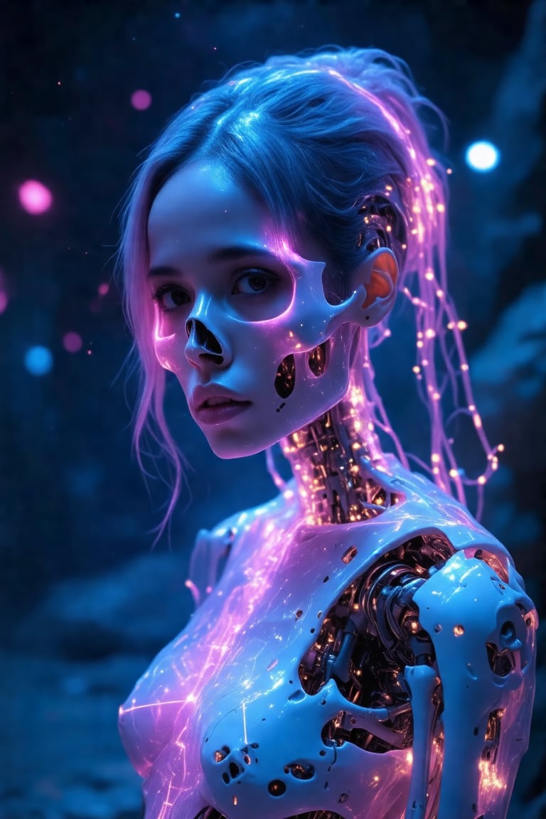 Biomechanical Cyberpunk The ultimate combination of technology and glamour, Space Cyber Warrior. Embodying the creative talents of Giovana Ricaro, Brandon Woelfel, and Ross Tran, Epic spacescapes filled with otherworldly conflict. Glittering cables run beneath her transparent skin., A neon undercut of hair leads to a series of powerful vertebrae supporting a glorious skull.. Mysterious constellations twinkle eerily overhead, Casts an eerie shadow on the ground. This masterpiece encapsulates the essence of science fiction., presenting a Very detailed exploration of extraterrestrial themes guaranteed to captivate audiences worldwide. . cybernetics, Human-machine convergence, Dystopia, A fusion of organic and artificial, dark, complicated, Very detailed