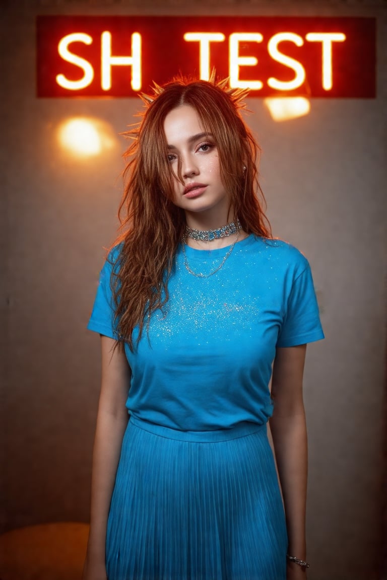 In a stunning 8K HDR photograph, a solo figure stands straight-on, their upper body dominant in the frame. Long hair cascades down, framing the face with bangs and covering one eye. Natural breasts are accentuated by a blue t-shirt, which clings to their curves. A choker adorns their neck, and pleated skirt flows around their legs. Jewelry sparkles on their skin, illuminated by perfect lighting that brings out the vibrant colors of their hair, now styled in spiky tendrils. The subject's face is a masterpiece, with high-definition features and bold makeup. Their skin shines like Kodak Portra 400 film, with subtle grain and texture. The background blurs into a soft focus, while lens flares add depth to the composition. A bokeh of creamy whites and warm tones surrounds the subject, drawing attention to their beautiful face. In the foreground, bold red letters glow from the title SH TEST, as if emblazoned on a neon sign. The overall effect is one of professional photography, with an air of official art that demands attention