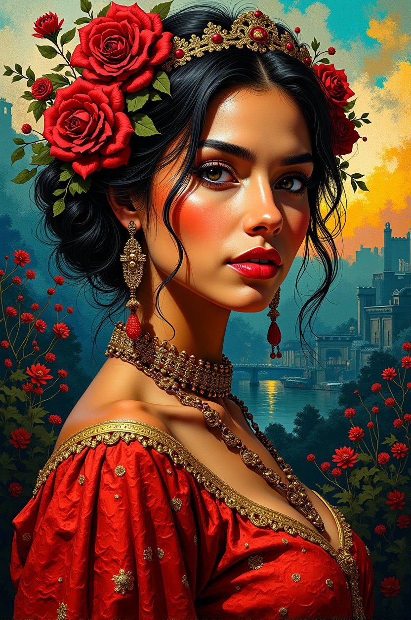 Create an abstract impressionist portrait featuring bold, textured brushstrokes with a rich Baroque-inspired color palette. A beautiful Hispanic girl in Gypsy dressing. The figure's face and dress should be highlighted by deep carmine and gold tones, while the background showcases a cityscape at sunset with shadowy blues and greens. Use Umber for contrast and Olive Greens to blend with the setting. Incorporate intense Prussian Blues in the shadows and Ochre Yellows for warmth. The overall composition should evoke drama and opulence, contrasting tranquil facial features with expressive color contrasts.