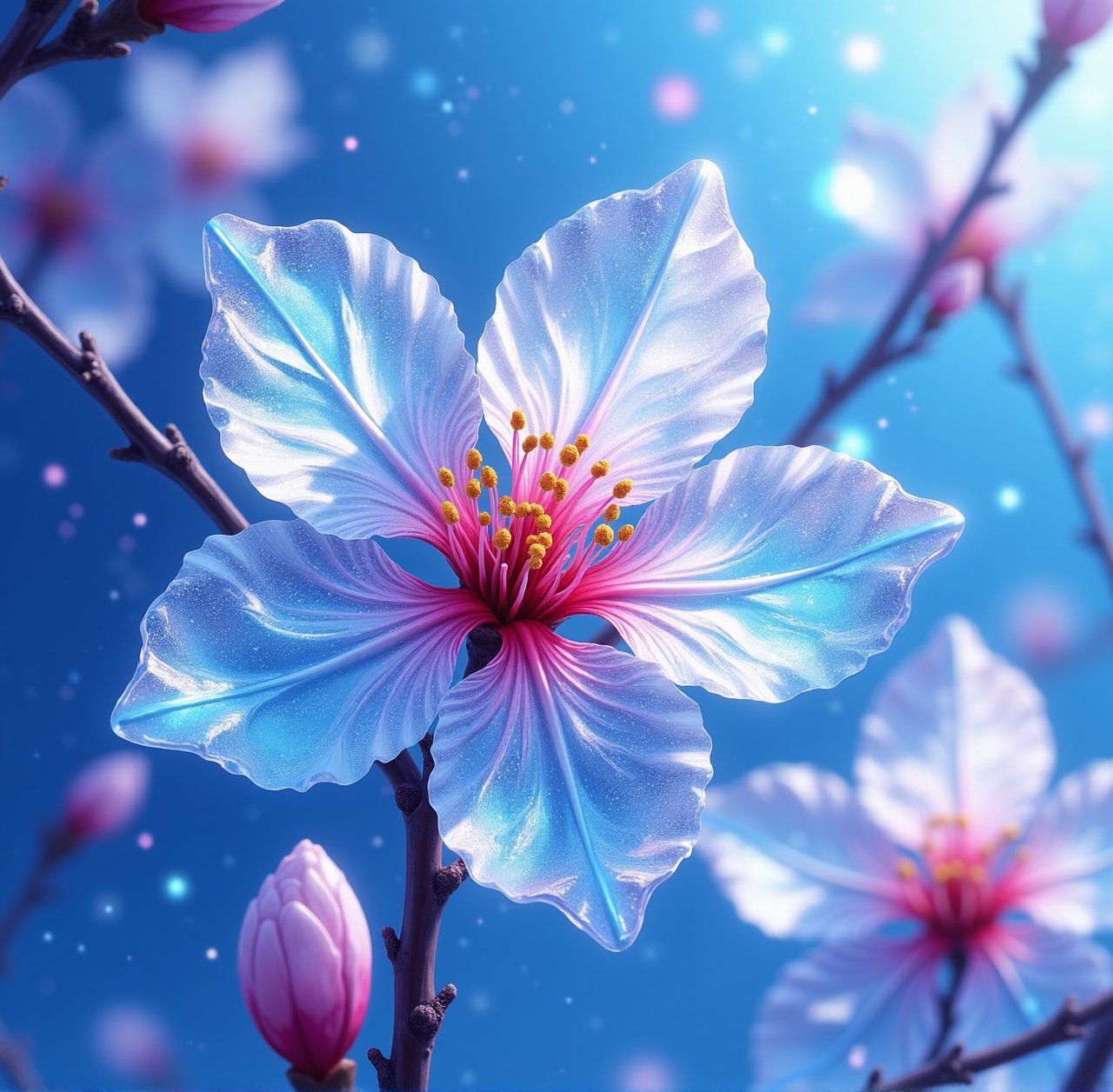 crystal cherry blossom, fantasy, blue sky, transparent, shimmering, sparkling, splendid, colorful, magical photography, dramatic lighting, photo realism,blue glitter, ultra-detailed, 4k, Depth of field, High-resolution
