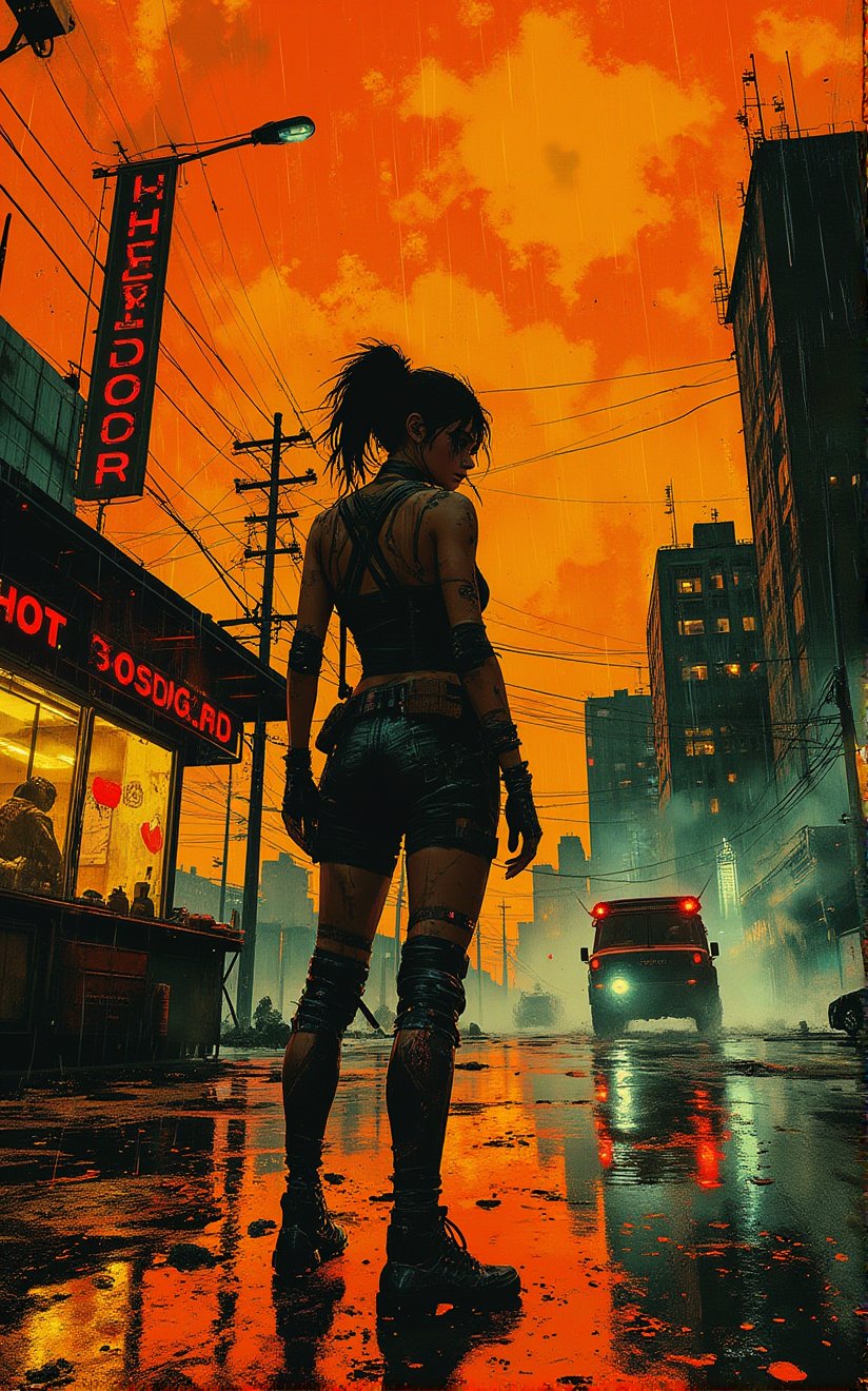 Vibrant brushstrokes and bold colors depict a cybernetically enhanced female warrior standing in front of a hot dog stand, amidst a rain-soaked neonpunk cityscape. The dark, wet asphalt glistens beneath the fiery orange sky. In the distance, retro-futuristic vehicles glide through the misty atmosphere, their neon lights reflecting off the rain-kissed pavement.