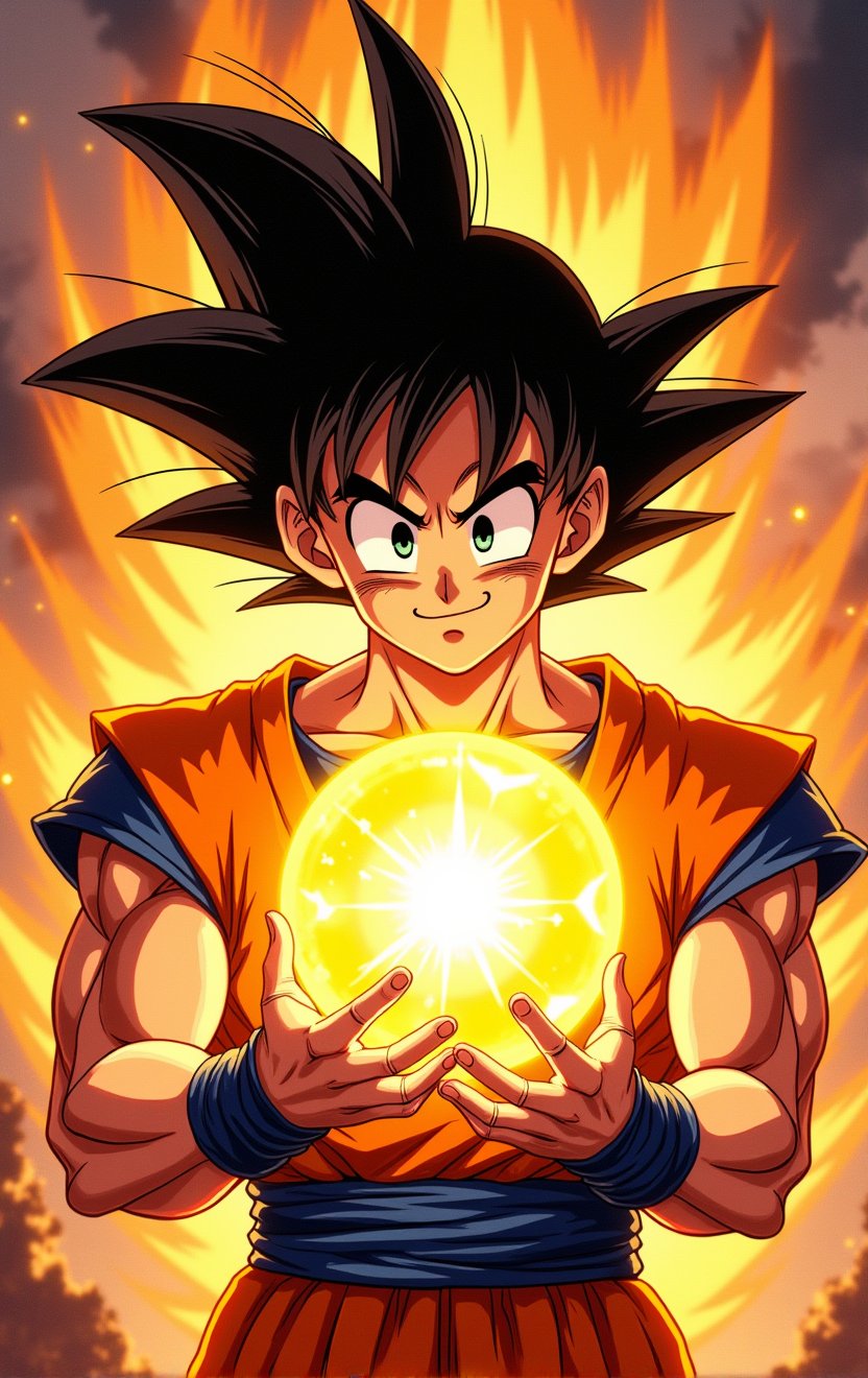 son goku holding a bightly glowing golden ball, spiky anime hair, 4k,NaturalFace,imperfect skin