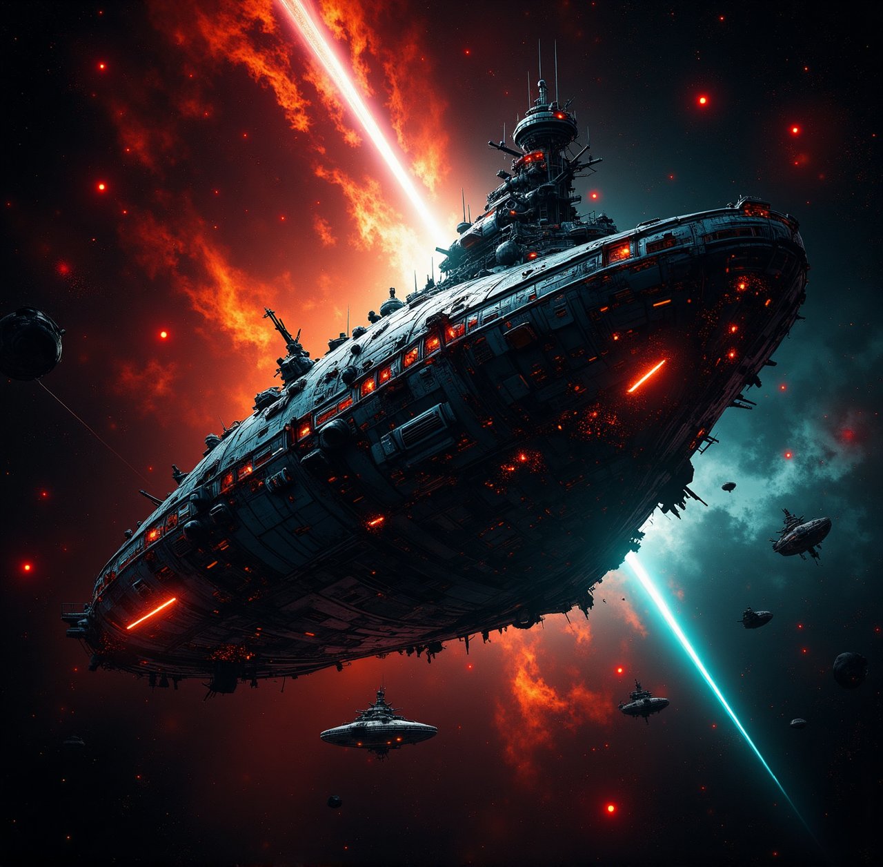 (generate sci-fi novella book cover:1.4), in the style of star trek ; there is a spaceship, it is an imposing exploration spaceship and it appears battered and worn, as if it had weathered a brutal attack ; Debris trails linger in the surrounding space, a grim reminder of the ship's struggles. MoreColor