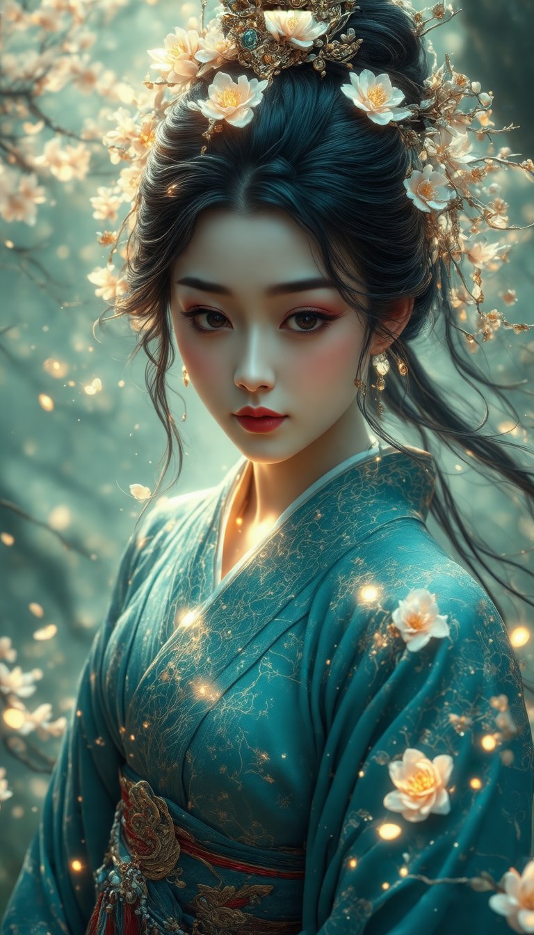 masterpiece,  high-quality,  A close-up of a womans face framed by delicate glowing flowers entwined in her hair by Shopon...