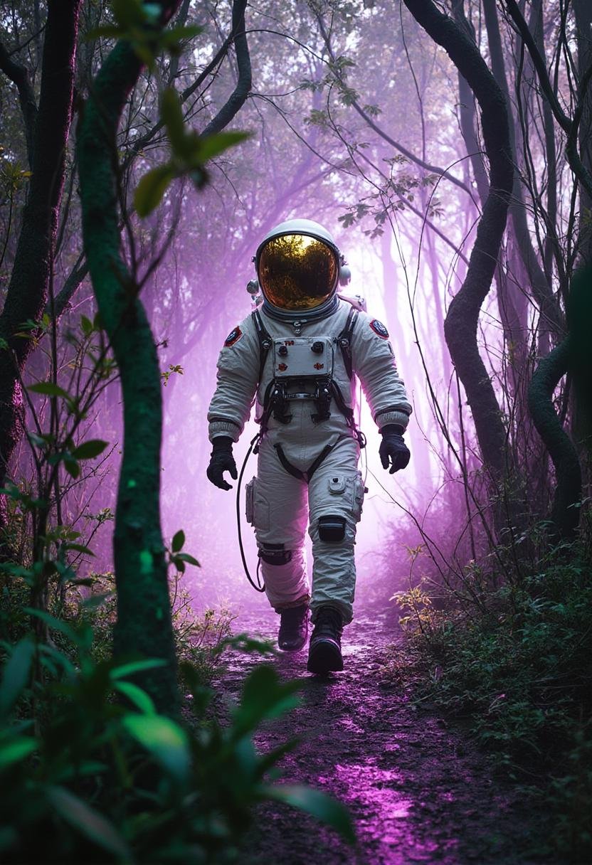 prompt: g_clip: The astronaut moves cautiously through a dense alien forest,, Neon tendrils from the plants sway as they pulse with bright purple and green light,, Strange, glowing creatures dart between the trees, casting brief flashes of color on the astronaut’s suit.The astronaut is in the foreground, facing away from the viewer,, A solitary astronaut in a bulky white space suit with reflective visor,, The helmet's faceplate is tinted gold and highly reflective, obscuring the astronaut’s face,, His suit shows signs of wear, with slight scuffs and scratches.Alien trees and plants dominate the surroundings, each glowing brightly in various neon colors,, A low mist covers the ground, catching and diffusing the light from the alien flora.Highly realistic with sharp details and high contrast,, The sunlight is bright and creates distinct reflections on any glass or metallic surfaces,, The lighting adds depth and highlights the textures of fabric and glass, hdr and high contrast create's a vivid and strikingly bold photo l_clip: Astronaut, high contrast, hdr, breathtaking, dense alien forest, Highly realistic with sharp details and high contrast,, The sunlight is bright and creates distinct reflections on any glass or metallic surfaces,, The lighting adds depth and highlights the textures of fabric and glass negative_prompt: g_clip neg:  l_clip neg: steps: 30cfg_scale: 2seed: 1model: FLUX.1-devsampler: FlowMatchEulerDiscreteclip_skip: 1lora: _flux-photo_v5-1.0