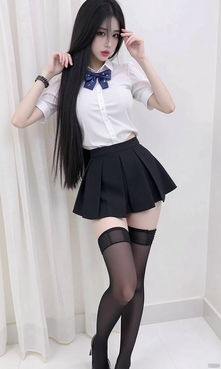 1girl, gl03, long black hair , Korean girl group, miniskirt, full body photo