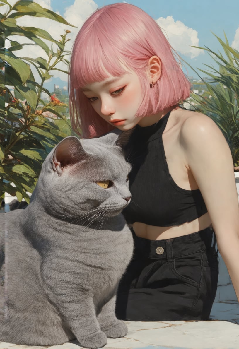 animaport, A Korean girl with pink hair styled in a blunt bob, gazing softly at a curious gray cat sitting beside her. She’s dressed in a stylish black crop top and high-waisted trousers, and her face shows a serene, thoughtful expression. As she gently strokes the cat’s head, her almond-shaped eyes reveal a gentle affection. The rooftop garden, filled with lush plants, provides a contrasting backdrop to her modern look, enhancing her calm presence.