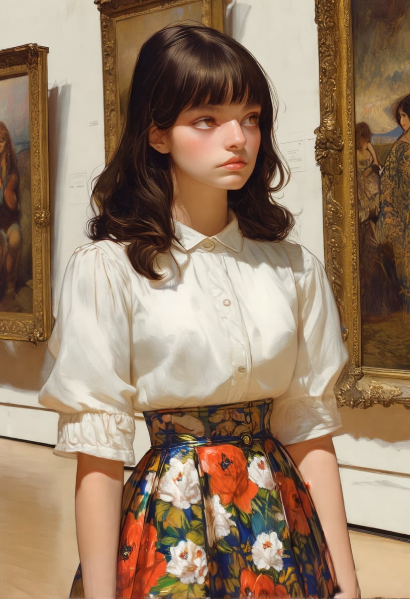 animaport, With side-swept bangs and a thoughtful expression, a woman stands in a museum hall, her floral skirt reflecting the intricate art on display, adding sophistication to her pensive gaze.