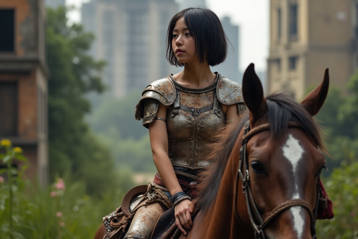 photo, a young woman with short dark hair is wearing a skimpy post apocalyptic armour with rusty parts, skimpy she is riding a horse through a destroyed overgrown city 