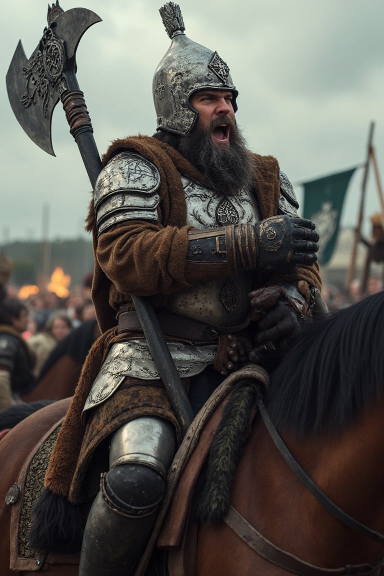 photo, a old warrior king is wearing a very detailed armour during a battle, the armour is themed around castle like elements and a eagle crest, he is shouting, holding a giant axe and is sitting on horseback 