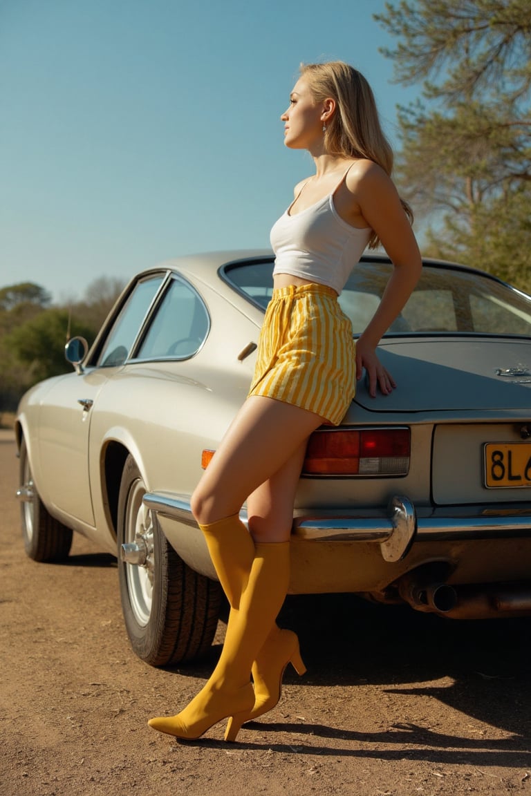 photo, a old sportcar on a sunny day, a woman in miniskirt and yellow stockings leaning on it