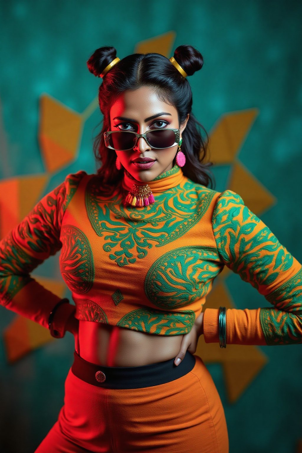 A stylish Mallu girl with a curvy, sexy figure poses confidently in a modern, non-traditional outfit adorned with traditional ornaments. She wears oversized, colorful sunglasses and a bold, patterned turtleneck that stands out against a teal and orange background, graded with cinematic color tones. The scene captures a complex, action-oriented pose reminiscent of cyberpunk themes from Blade Runner and The Matrix, set in a highly stylized, photorealistic CGI environment. The abstract, textured background adds a pop art flair with bold, vibrant colors, enhancing the modern, high-quality 32K masterpiece. Studio lighting accentuates every detail, bringing a mix of traditional elements and futuristic vibes together in this dynamic composition,xamala,Amala Paul