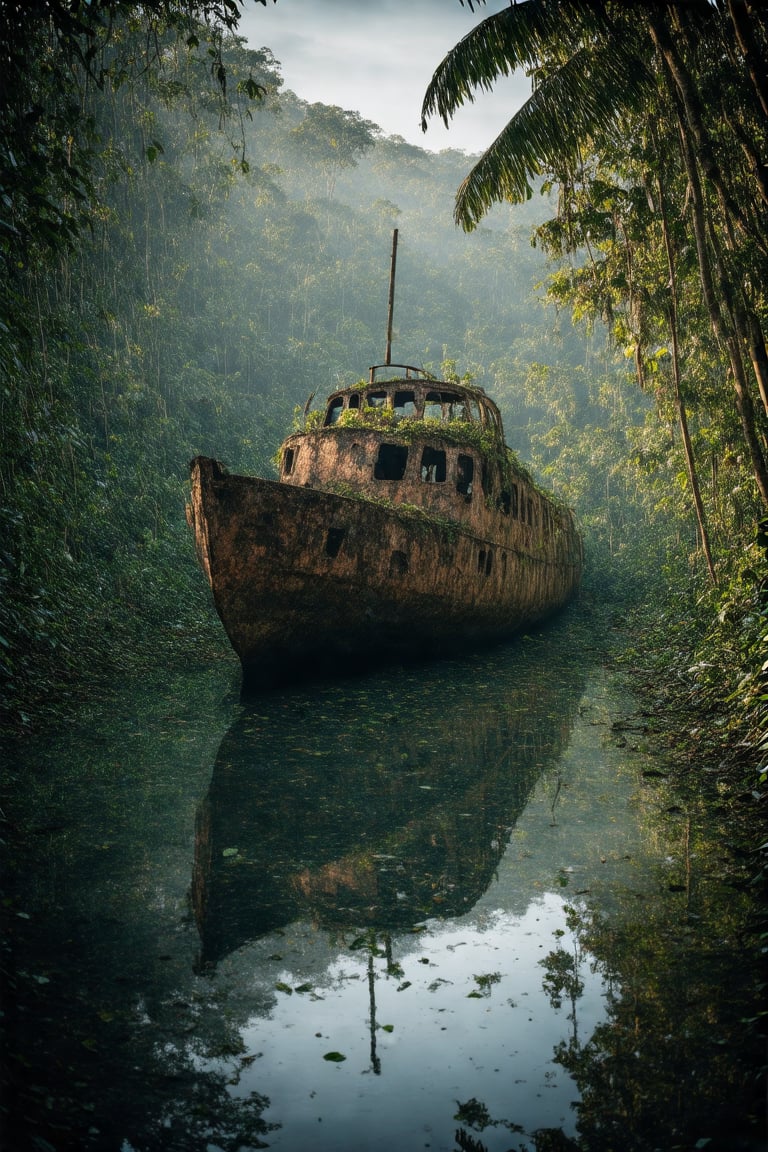 a high-quality hyperrealistic photography, atmospheric scene of an abandoned, dilapidated shipwreck in a pond at dense, overgrown wet tropical jungle during sunset with reflections in the water. The ship should have a weathered and rusted appearance, with broken windows and overgrown vegetation reclaiming its structure. The surrounding wet tropical jungle should be lush and dense, with tall trees, thick foliage, fallen leaves and a soft misty atmosphere that gives the scene a mysterious, eerie feel. Sunlight from the setting sun should filter through the trees, casting warm, golden light and long shadows on the ship and the jungle floor, with clear reflections in the water. The overall mood should be adventurous and slightly haunting, evoking a sense of discovery and abandonment. H-Q hyperrealistic