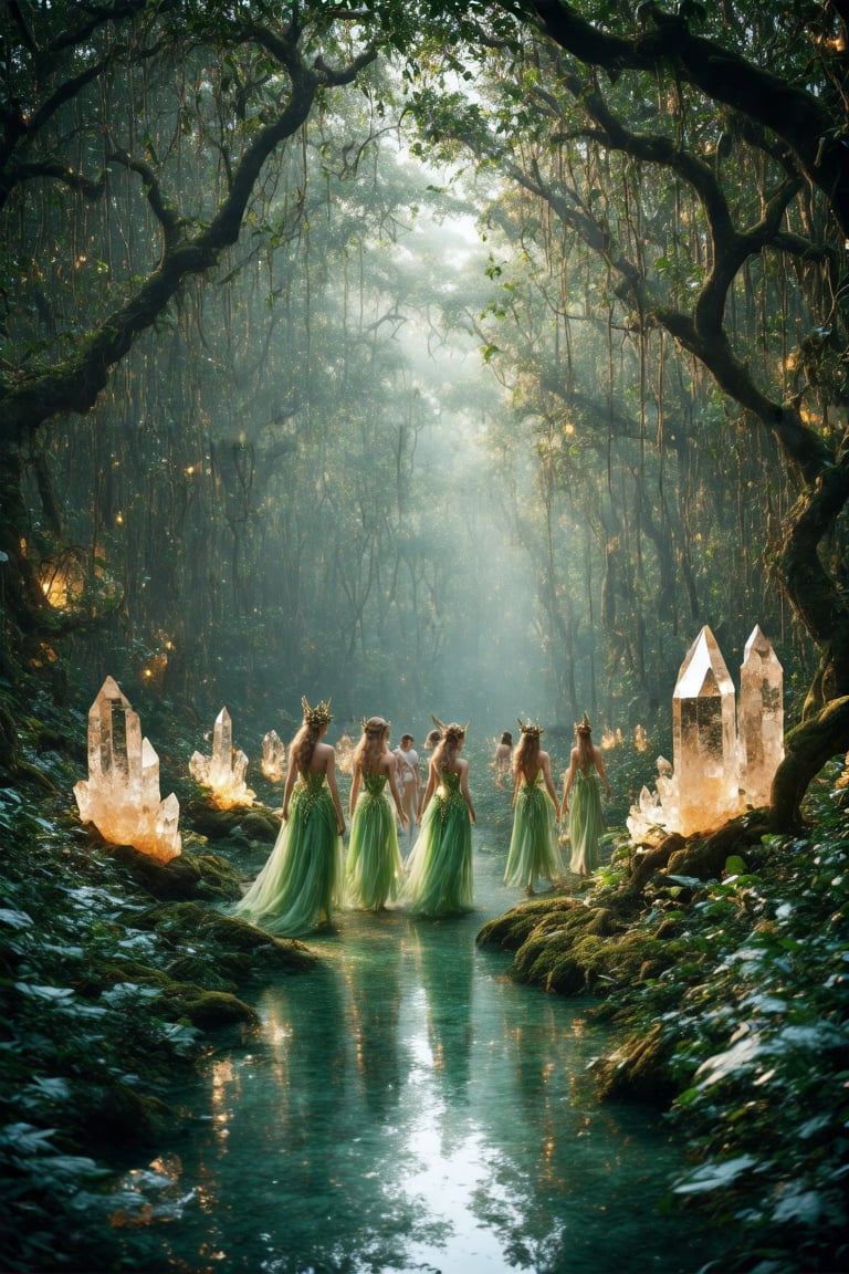 A hyperrealistic photography of a serene, mystical forest inhabited by ethereal elves. The morning mist rises as the first light of dawn filters through the dense canopy, casting a golden hue. Elven structures made of entwined trees and glowing crystals blend seamlessly into the natural surroundings. Elves in elegant attire move gracefully among the flora and fauna. H-Q hyperrealistic