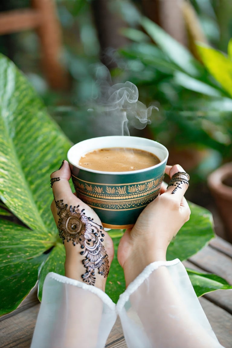 A close-up shot of a Malaysian woman's hands, adorned with intricate henna designs, cradling a steaming cup of coffee and surrounded by lush greenery. hyperrealistic