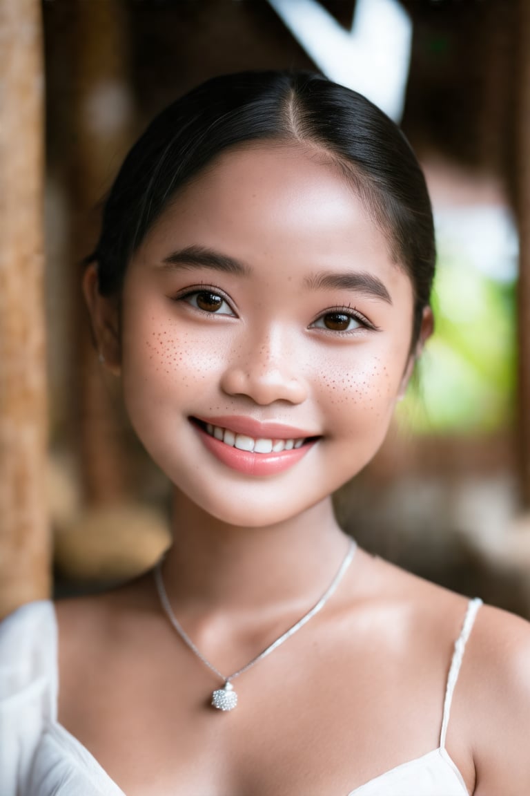 A young Thai woman with a warm smile, gazing directly at the camera, with a subtle hint of freckles on her cheeks and a delicate silver necklace adorning her neck.hyperrealistic