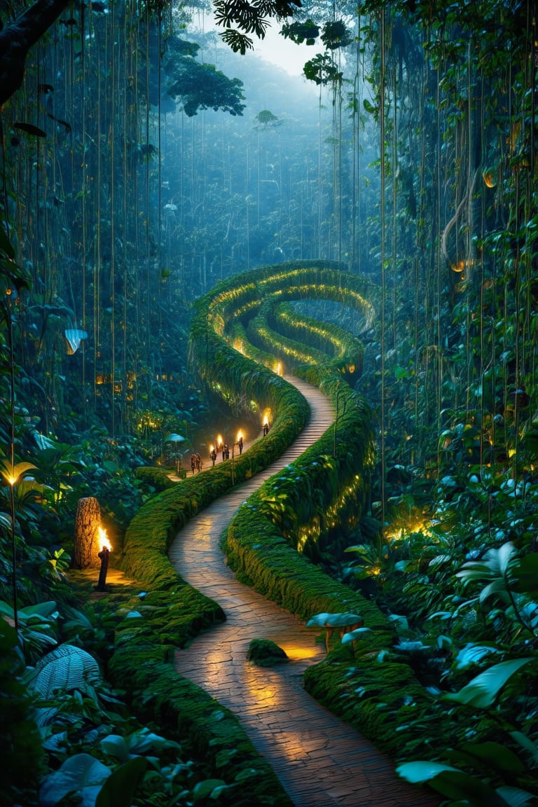 Hyperrealistic photography of a labyrinthine jungle with an 'S' curve path, dense foliage, towering trees, cinematic vines, exotic plants, glowing fungi, adventurers with machetes and torches, lost ruins, forgotten relics, wildlife sounds, mystery, adventure, new wonders, hidden dangers. H-Q hyperrealistic