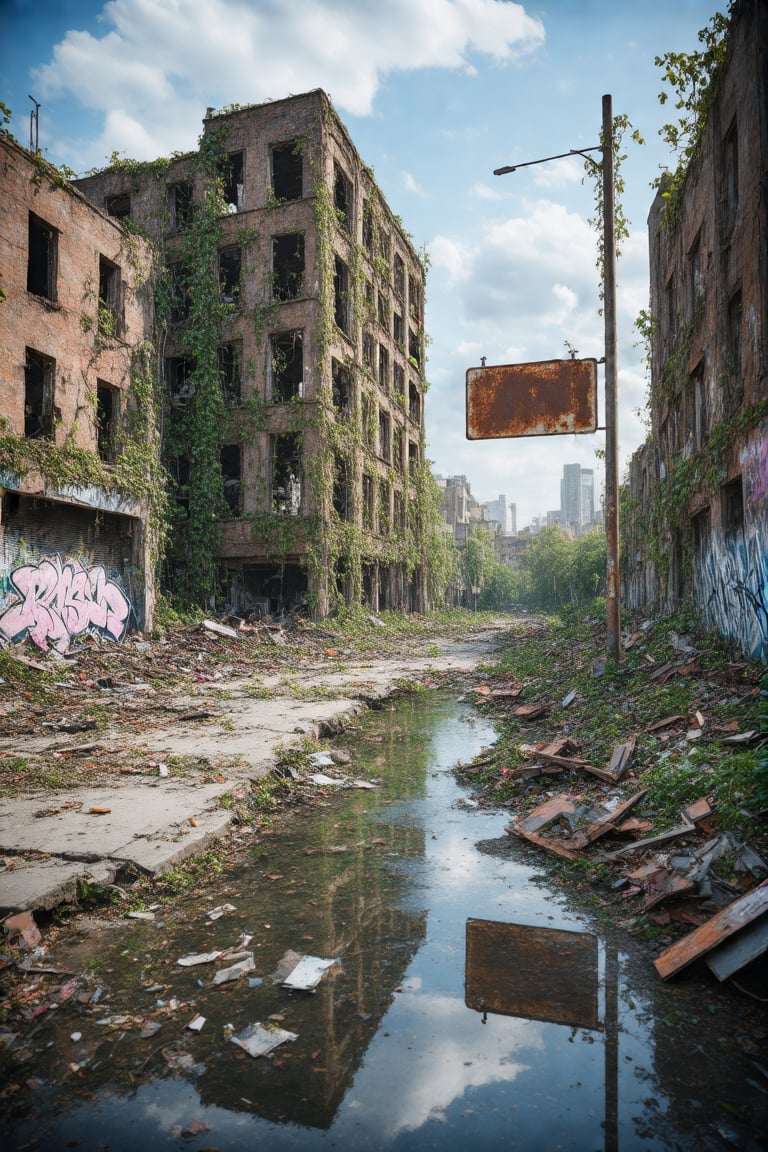 A high-quality hyperrealistic photograph of a dilapidated city street, abandoned, with rusted metal scraps and broken concrete scattered across. A large, crumbling building with vines growing up its side overlooks the scene. Prominent graffiti on the walls adds to the urban decay. A weathered sign hangs from a pole, partially obscured by foliage. A small stream of water runs through the middle of the street, with enhanced reflections in puddles, surrounded by debris. Cool weather, clouds, blue sky, no human, H-Q hyperrealistic