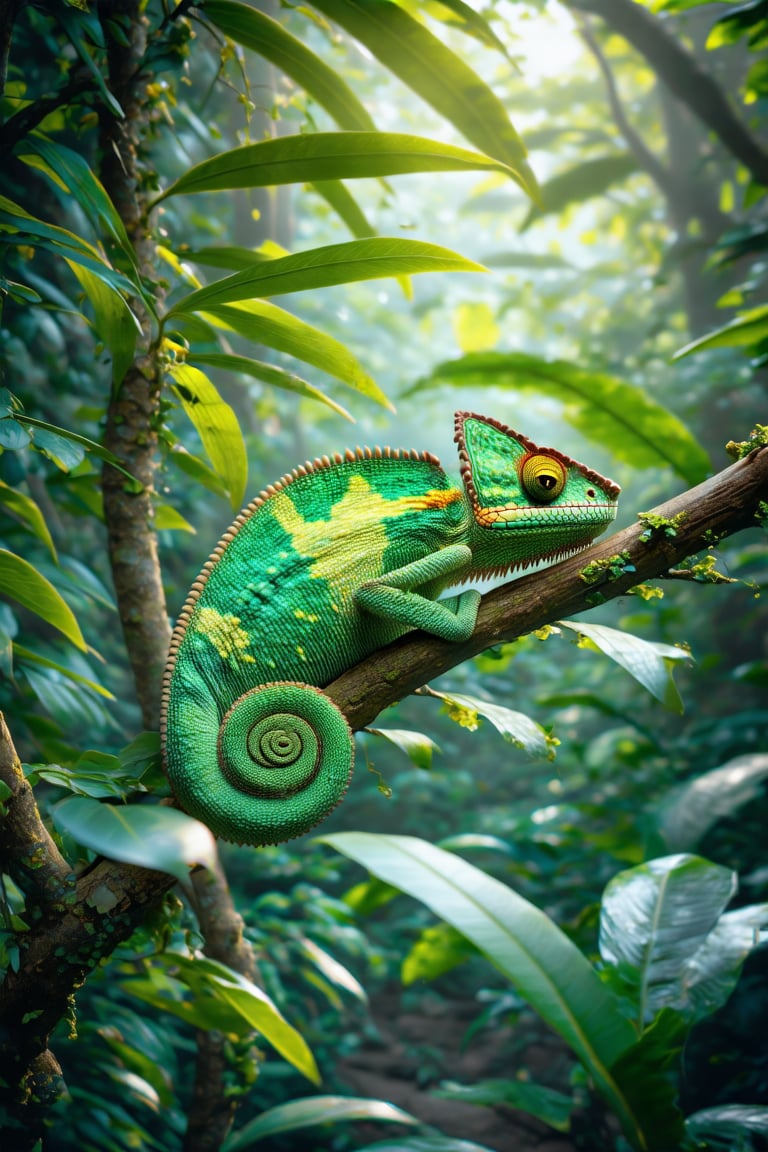 super ultra clear HD hyperrealistic & detailed photography A close-up of a chameleon blending into a leafy branch in a dense jungle. vivid colors, H-Q hyperrealistic