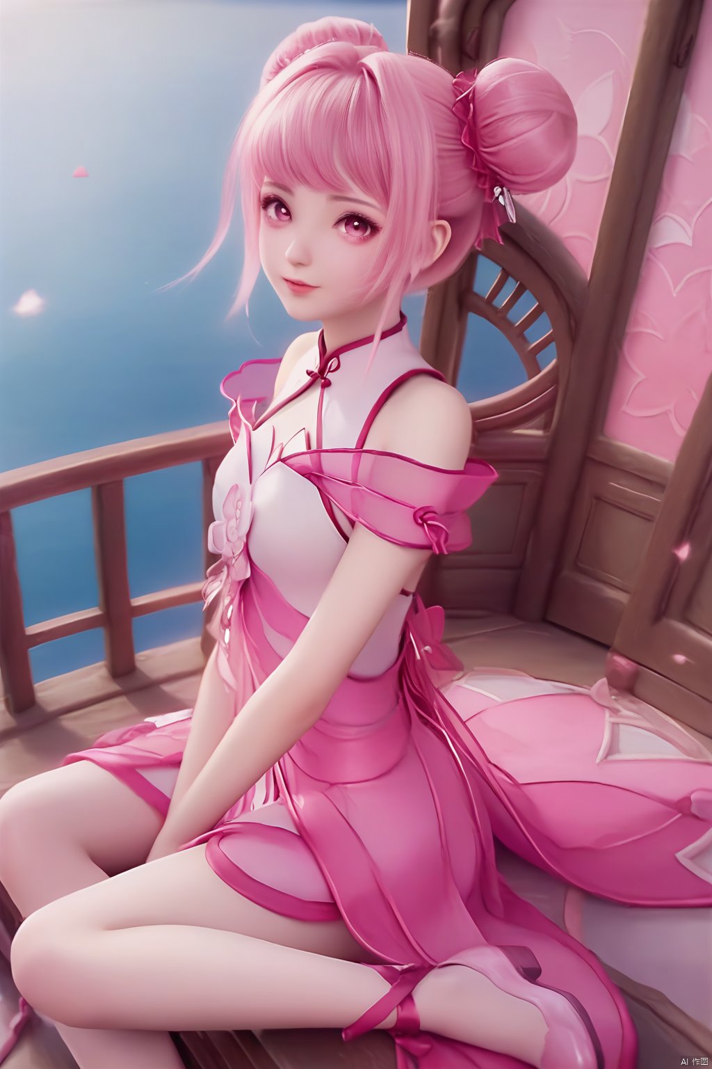 masterpiece, best quality, masterpiece,best quality,official art,extremely detailed CG unity 8k wallpaper,1girl,solo,long hair,looking at viewer,dress,pink hair,pink eyes,hair bun,double bun,pink dress,bangs,hair ornament,bare shoulders,chinese clothes,pink footwear,white footwear, leg ribbon,sitting,from above