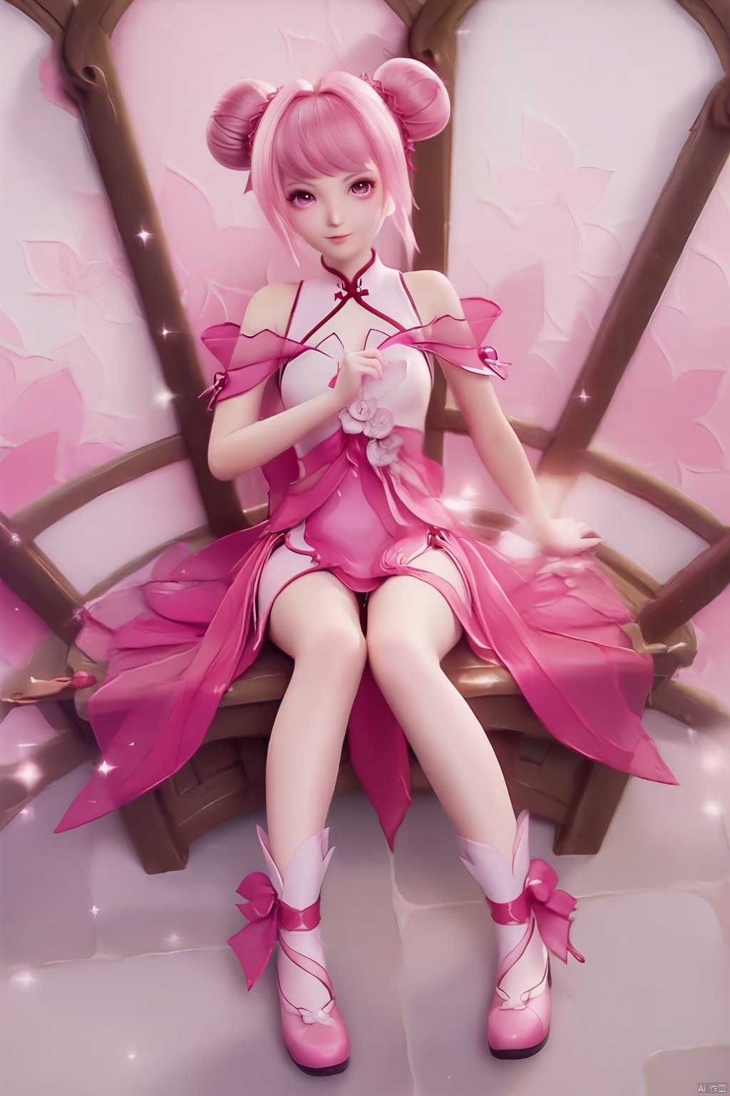 masterpiece, best quality, masterpiece,best quality,official art,extremely detailed CG unity 8k wallpaper,1girl,solo,long hair,looking at viewer,dress,pink hair,pink eyes,hair bun,double bun,pink dress,bangs,hair ornament,bare shoulders,chinese clothes,pink footwear,white footwear, leg ribbon,ankle ribbon,sitting,from above