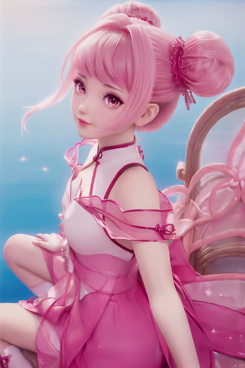 masterpiece, best quality, masterpiece,best quality,official art,extremely detailed CG unity 8k wallpaper,1girl,solo,long hair,looking at viewer,dress,pink hair,pink eyes,hair bun,double bun,pink dress,bangs,hair ornament,bare shoulders,chinese clothes,pink footwear,white footwear, leg ribbon,sitting,from above