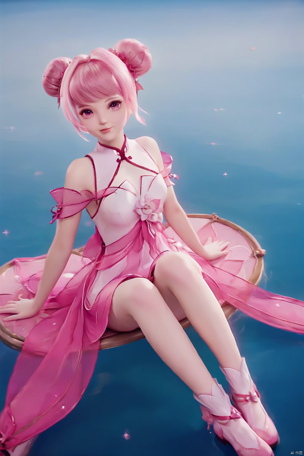 masterpiece, best quality, masterpiece,best quality,official art,extremely detailed CG unity 8k wallpaper,1girl,solo,long hair,looking at viewer,dress,pink hair,pink eyes,hair bun,double bun,pink dress,bangs,hair ornament,bare shoulders,chinese clothes,pink footwear,white footwear, leg ribbon,sitting,from above