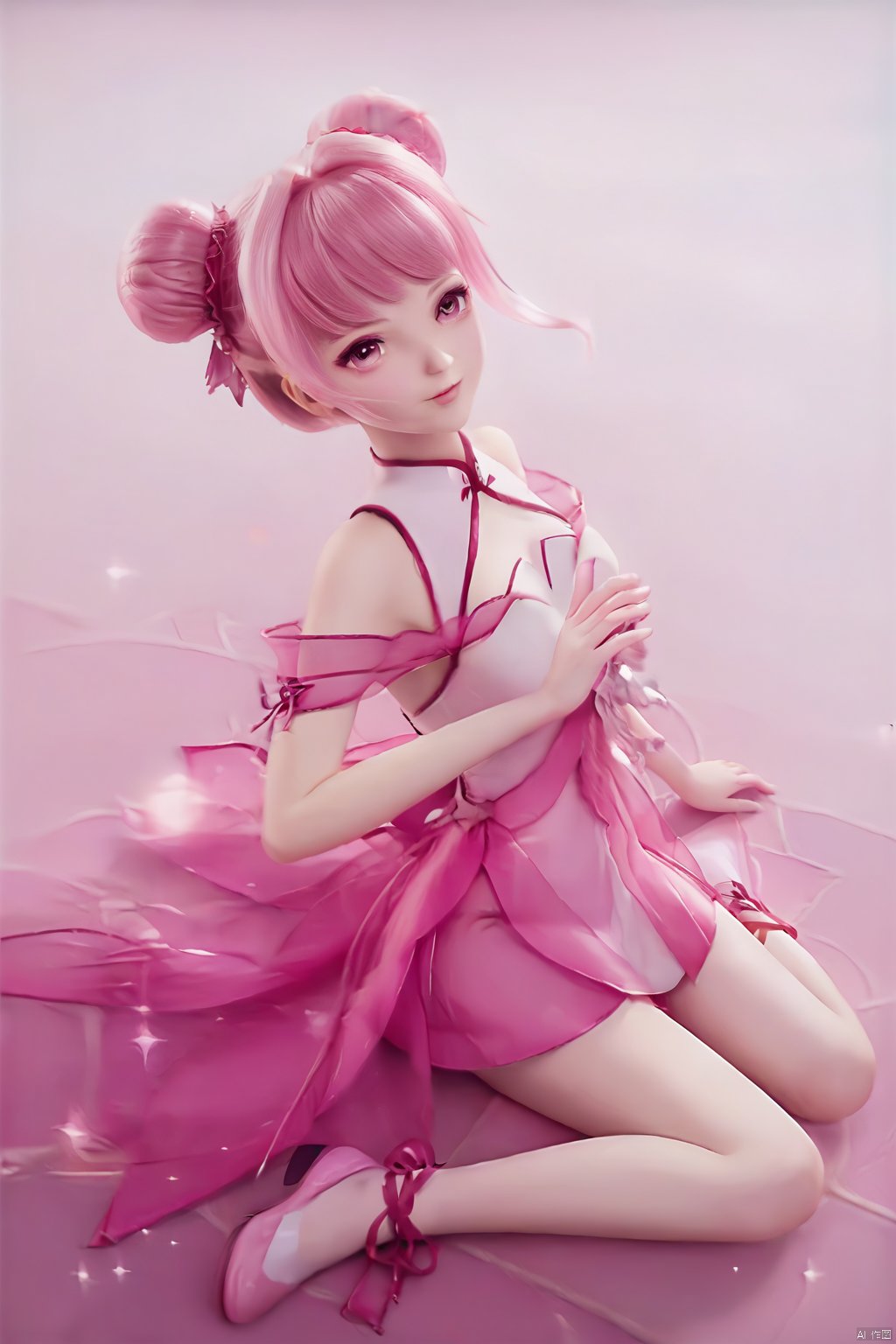 masterpiece, best quality, masterpiece,best quality,official art,extremely detailed CG unity 8k wallpaper,1girl,solo,long hair,looking at viewer,dress,pink hair,pink eyes,hair bun,double bun,pink dress,bangs,hair ornament,bare shoulders,chinese clothes,pink footwear,white footwear, leg ribbon,sitting,from above