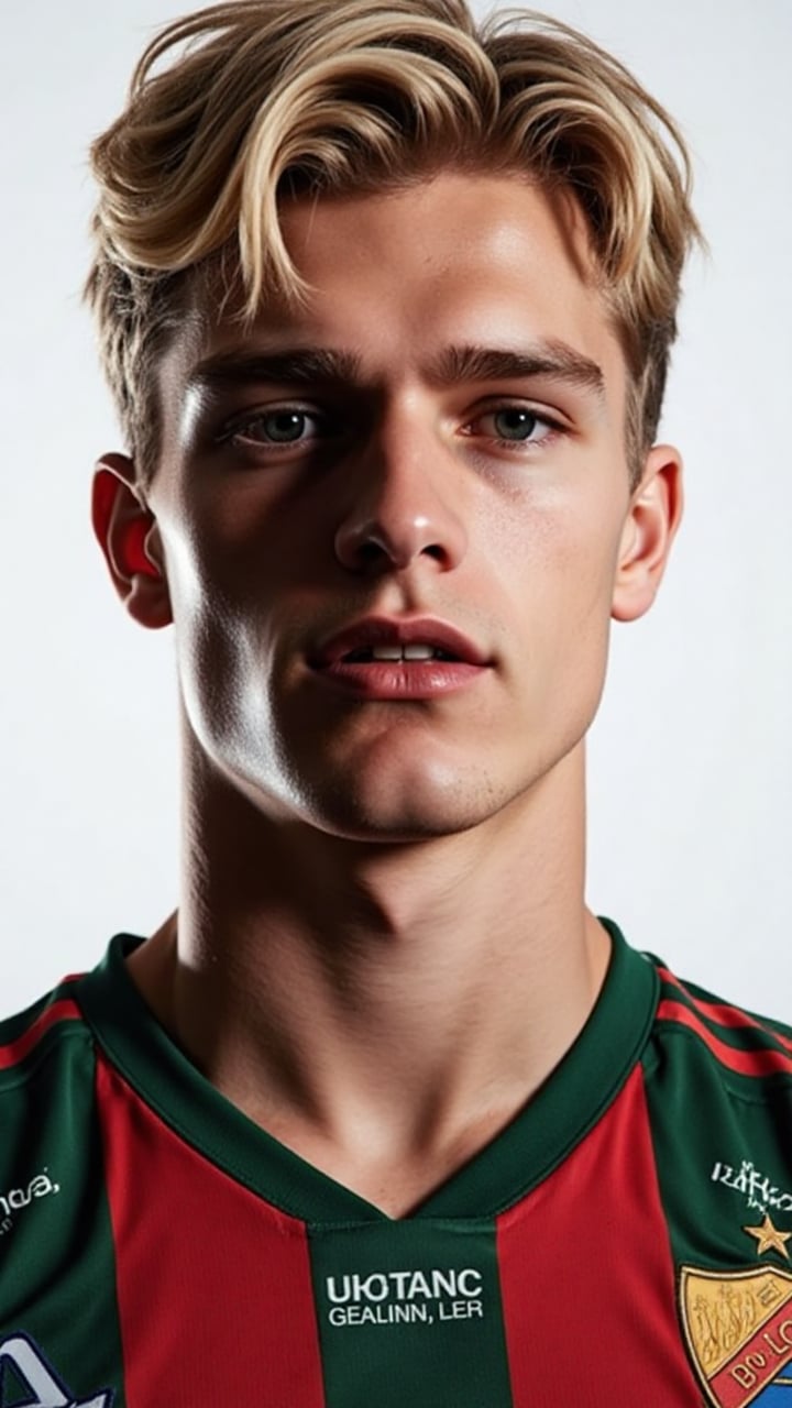 Captured at eye-level, a close-up shot of a soccer player, dressed in a red and green jersey, have blonde hair. His mouth is slightly open, as if he is tired, sweating. The stark white background emphasizes the dramatic pose and his dark, modern style. The detailed, realistic lighting accentuates his chiseled features, giving off hot vibes as he exudes confidence. The fashion image is reminisce of those magazine from the 1990s that photographed by Steven Miesel. Calvin Klein campaign ad. The camera setting is Nikon D800, f/16, 1/250s, 28mm.