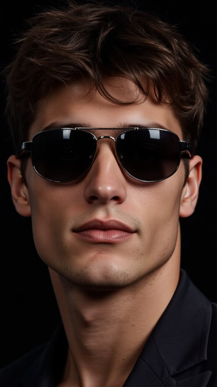 a photorealistic image of a male model inspired by luxury fashion campaigns, such as those by Versace or Gucci. The model should have sharp facial features with a strong jawline, high cheekbones, and thick eyebrows. He is wearing dark, sleek sunglasses that cover his eyes, adding a mysterious and stylish look. His expression is calm but confident, exuding an aura of elegance and power. The lighting should highlight the textures of his skin and the gloss of his lips, capturing the essence of high-end fashion photography. The background should be simple, allowing the focus to remain entirely on the model and his sophisticated appearance. The fashion image is reminisce of those magazine from the 1990s that photographed by Steven Miesel. Calvin Klein campaign ad.