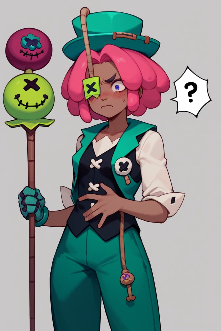 Score_9, Score_8_up, Score_7_up , bsjuju , 1girl , pink hair , short hair ,dark skin , green hat, green pants , black vest , asymmetrical sleeves ,  one-eyed, eye covered  ,Single glove , solo ,simple_background ,  blush , confused , ??? , nervous , scepter