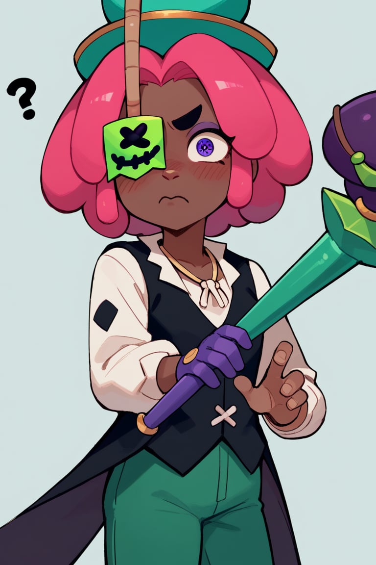 Score_9, Score_8_up, Score_7_up , bsjuju , 1girl , pink hair , short hair ,dark skin , green hat, green pants , black vest , asymmetrical sleeves ,  one-eyed, eye covered  ,Single glove , solo ,simple_background ,  blush , confused , ??? , nervous , scepter