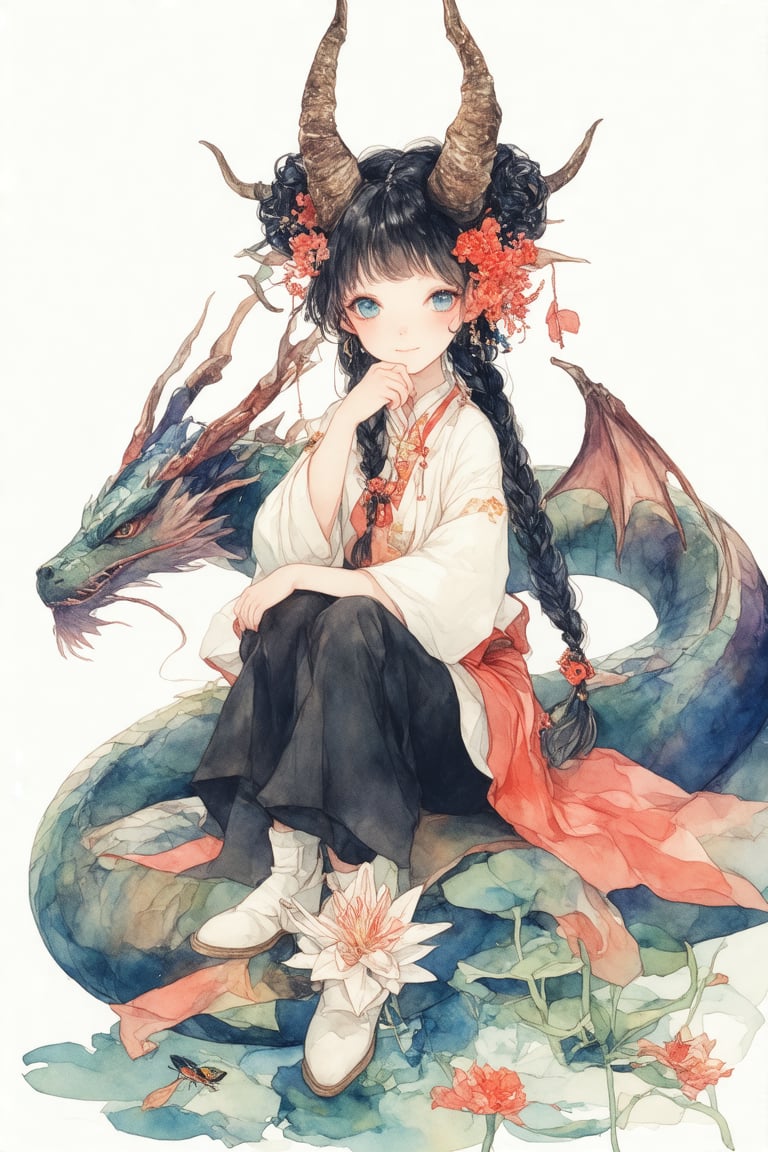 watercolor \(medium\), 1girl, solo, flower, blue eyes, black hair, long hair, sitting, smile, looking at viewer, long sleeves, pants, very long hair, braid, hair bun, red flower, horns, double bun, bug, painting (medium), full body, white background, blush, bangs, closed mouth, eyeshadow, coral, hair ornament, twintails, sash, makeup, shoes, tail, head rest, dragon girl, wide sleeves, signature, knees up, dragon tail, dragon, hand up, dragon horns, butterfly, shirt, antennae, black pants, white footwear, twin braids, head fins, spider lily, hand on own face, pink flower, white flower, white shirt, japanese clothes, wings, hand on own chin, boots