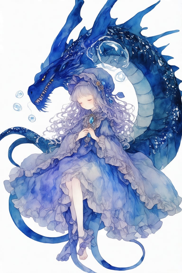 watercolor \(medium\), 1girl, dress, long hair, long sleeves, jewelry, white background, blue eyes, closed eyes, own hands together, solo, bonnet, blue dress, simple background, brooch, bubble, monster, half-closed eyes, wavy hair, frills, bangs, closed mouth, grey hair, feet out of frame, blue theme, dragon, gem, purple hair, long dress, tentacles, underwater, hat, parted lips, animal, looking down, sleeves past wrists, earrings, sleeping, frilled dress, grey dress, hands on own chest, very long hair, creature, air bubble, expressionless, hands up, sitting