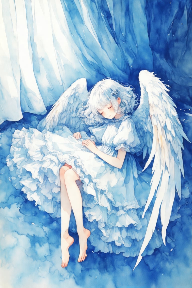 watercolor \(medium\), 1girl, wings, solo, dress, closed eyes, barefoot, angel wings, white hair, frills, feathered wings, frilled dress, short sleeves, white wings, painting, short hair, sleeping, puffy sleeves, white dress, puffy short sleeves, white theme, angel, full body, blush, lying, bangs, on side, closed mouth, blue theme, blue background, medium hair, wavy hair, blue dress, curtains, frilled sleeves, feet, pale color