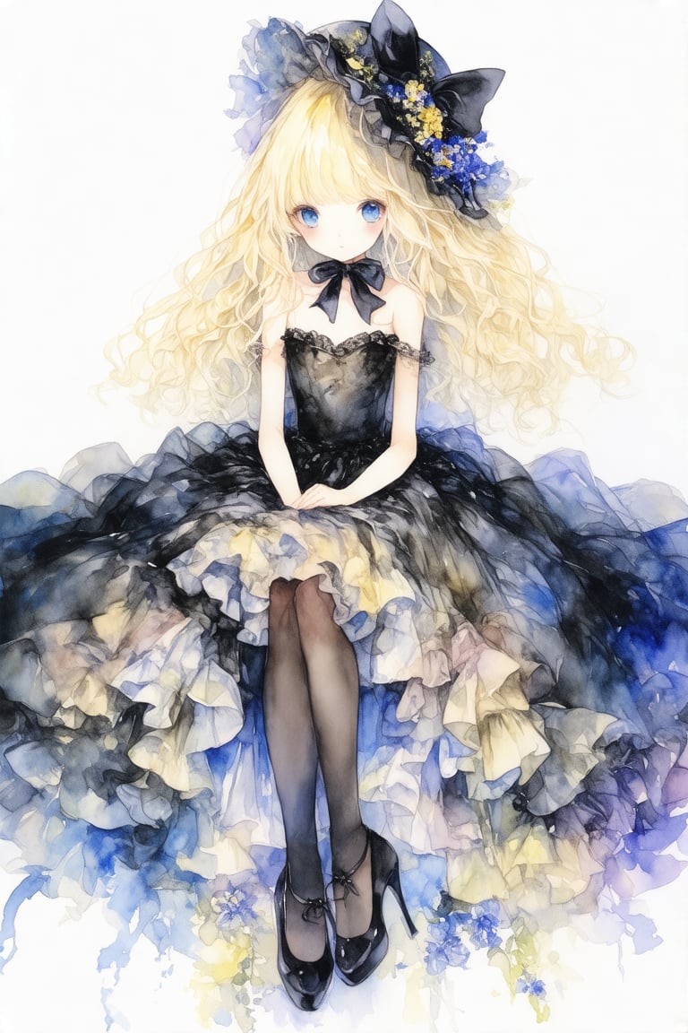 watercolor \(medium\), 1girl, solo, painting, blonde hair, dress, blue eyes, long hair, bow, high heels, black dress, sleeveless, looking at viewer, black footwear, hair bow, frills, hairband, bare shoulders, black bow, white background, sleeveless dress, lolita fashion, ribbon, lolita hairband, full body, closed mouth, flower, simple background, sitting, shoes, expressionless, hat, blush, frilled dress, abstract, pantyhose, bangs, gothic lolita, wavy hair, bare arms