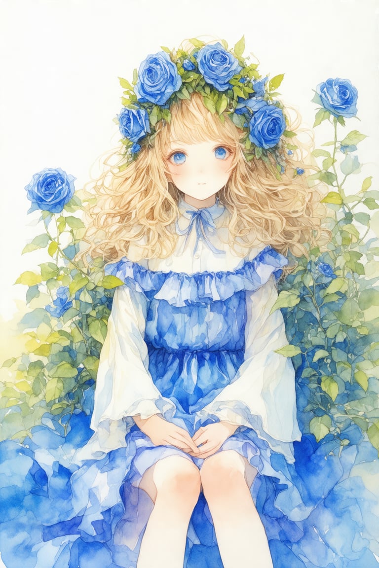 watercolor \(medium\), 1girl, solo, blue eyes, long hair, dress, flower, painting, hair ornament, hair flower, looking at viewer, long sleeves, sitting, blue dress, plant, blonde hair, leaf, brown hair, frills, wavy hair, expressionless, bangs, rose, blue flower, closed mouth, wide sleeves, swept bangs, feet out of frame, light brown hair, upper body, blush, frilled dress, shirt, frilled sleeves, blue rose, head wreath