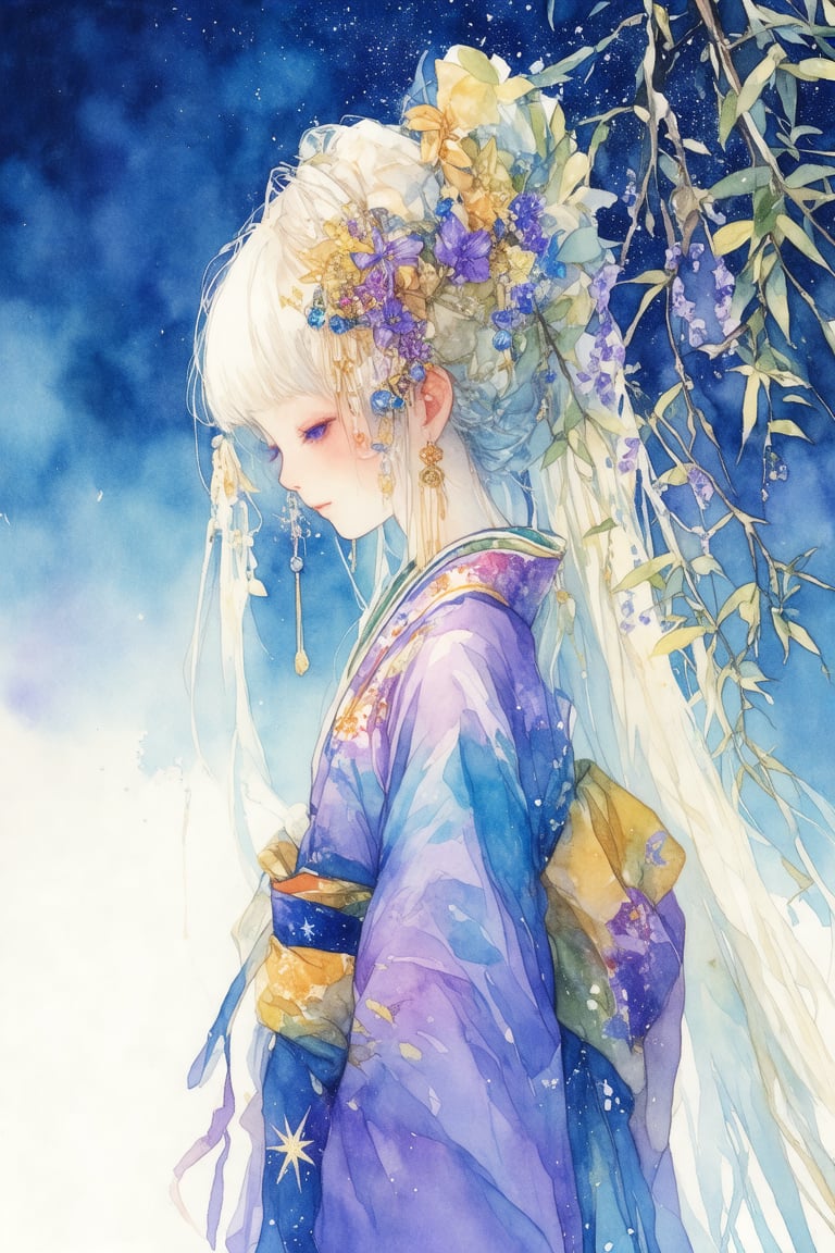 watercolor \(medium\), 1girl, solo, japanese clothes, kimono, hair ornament, long hair, upper body, profile, blush, obi, sash, painting, flower, leaf, from side, blue eyes, jewelry, earrings, blue kimono, hair flower, white hair, blonde hair, purple eyes, plant, closed mouth, star, (symbol), floral print, purple kimono, very long hair, long sleeves, looking away, print kimono, branch, blue theme, bangs, kanzashi, multicolored hair, purple flower, hair stick, yukata, autumn leaves, colorful