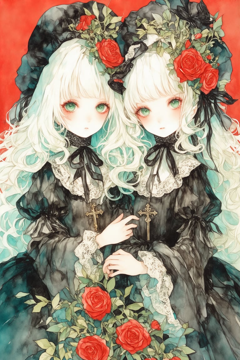  2girls, long hair, looking at viewer, flower, red flower, red background, dress, parted lips, green eyes, puffy sleeves, hat, rose, white hair, bangs, upper body, hat flower, long sleeves, red rose, red dress, juliet sleeves, bonnet, red lips, makeup, lace trim, black dress, lace, frills, black headwear, aqua eyes, siblings, heads together, ribbon, gothic, choker, twins, eyelashes, neck ribbon, wavy hair, curly hair, eyeshadow, sisters, blonde hair, lolita fashion, black ribbon, gothic lolita, jewelry, cleavage, lace choker, cross, lipstick, simple background, holding hands, breasts, red headwear