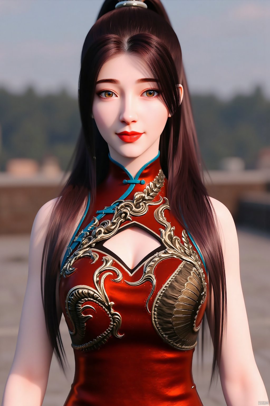 tangzichen,  Stylized digital artwork of a female character in traditional Chinese attire, featuring intricate designs and vibrant colors,Stylized digital artwork of a woman with long brown hair, wearing traditional Chinese attire and makeup,outdoors,