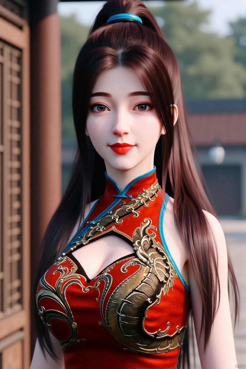 tangzichen,  Stylized digital artwork of a female character in traditional Chinese attire, featuring intricate designs and vibrant colors,Stylized digital artwork of a woman with long brown hair, wearing traditional Chinese attire and makeup,outdoors,