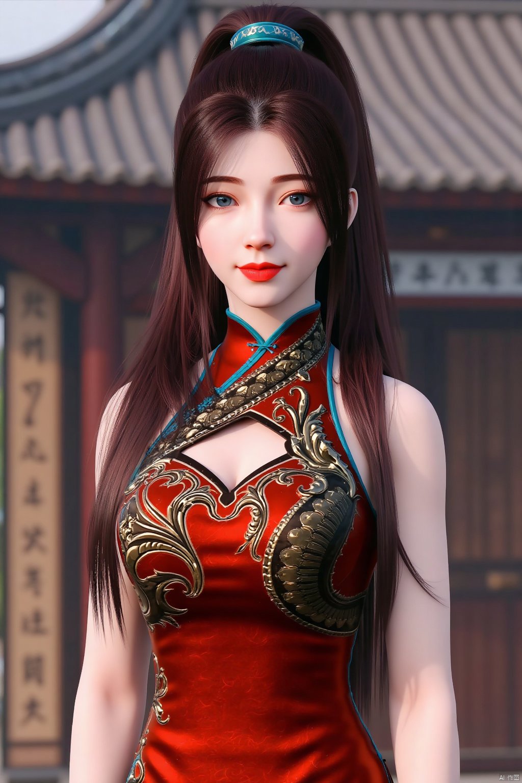 tangzichen,  Stylized digital artwork of a female character in traditional Chinese attire, featuring intricate designs and vibrant colors,Stylized digital artwork of a woman with long brown hair, wearing traditional Chinese attire and makeup,outdoors,